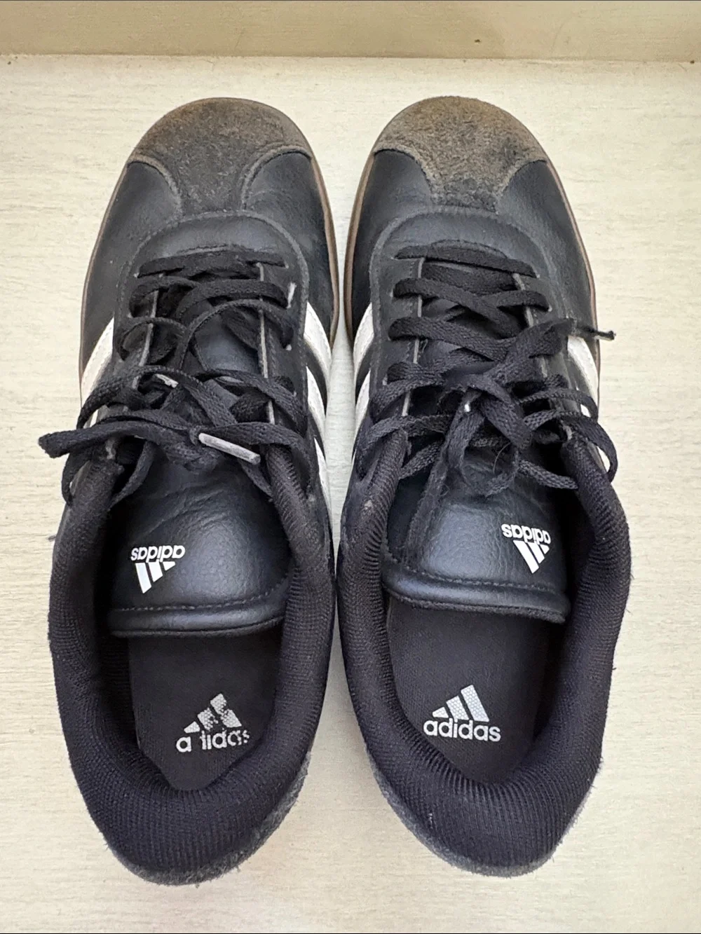 adidas Black Sneakers with White Stripes and Brown Gum Sole
